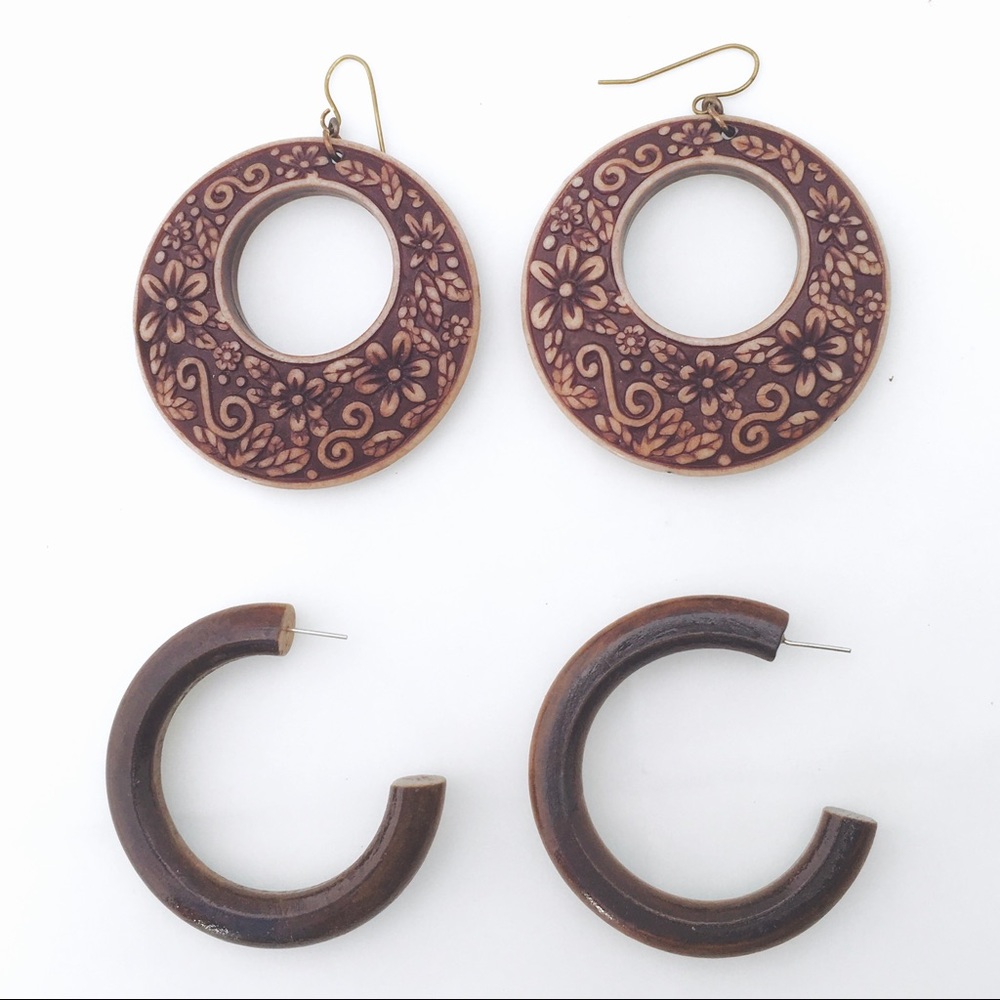 Set of 2 Wooden Boho Hoop Earrings