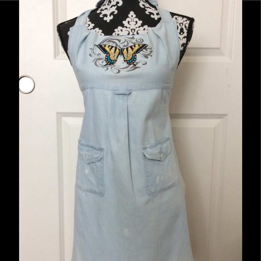 butterfly denim apron, embroidered upcycled denim - Picture 1 of 3