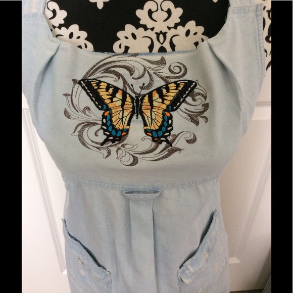 butterfly denim apron, embroidered upcycled denim - Picture 2 of 3