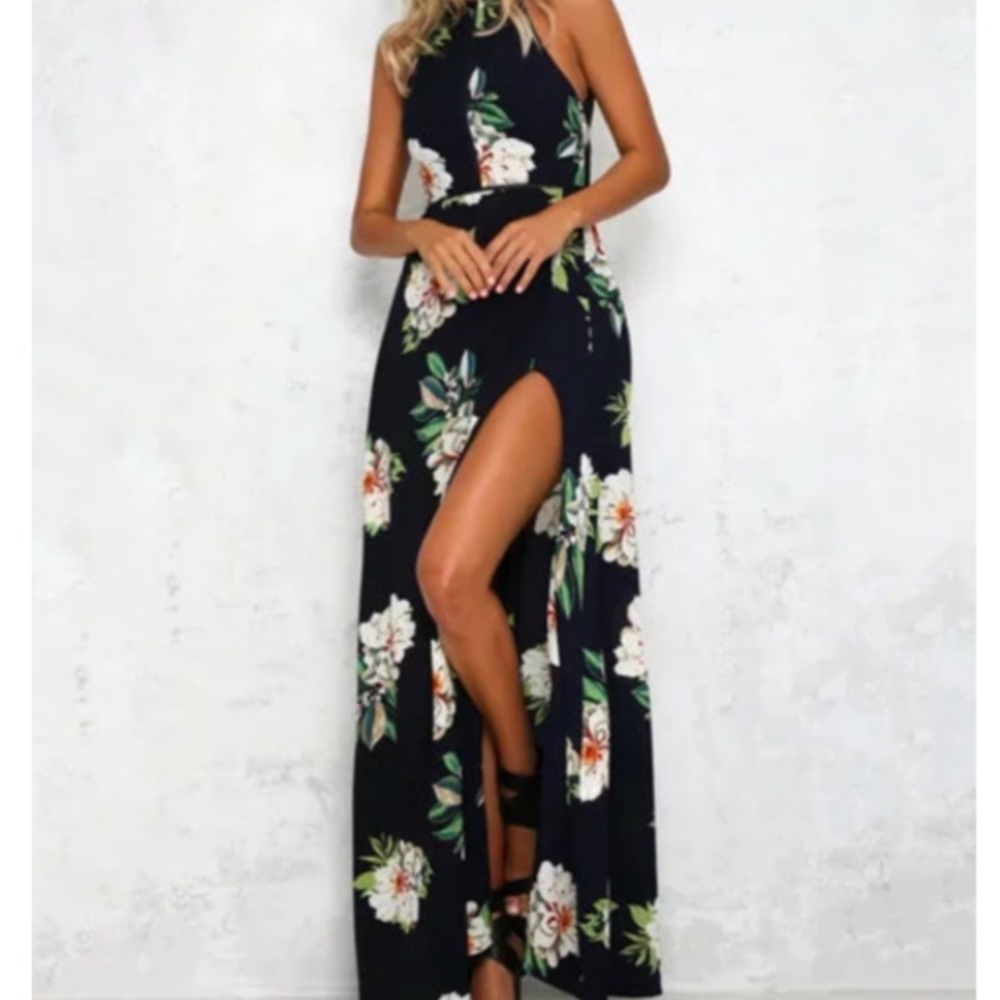 Floral print high slit dress