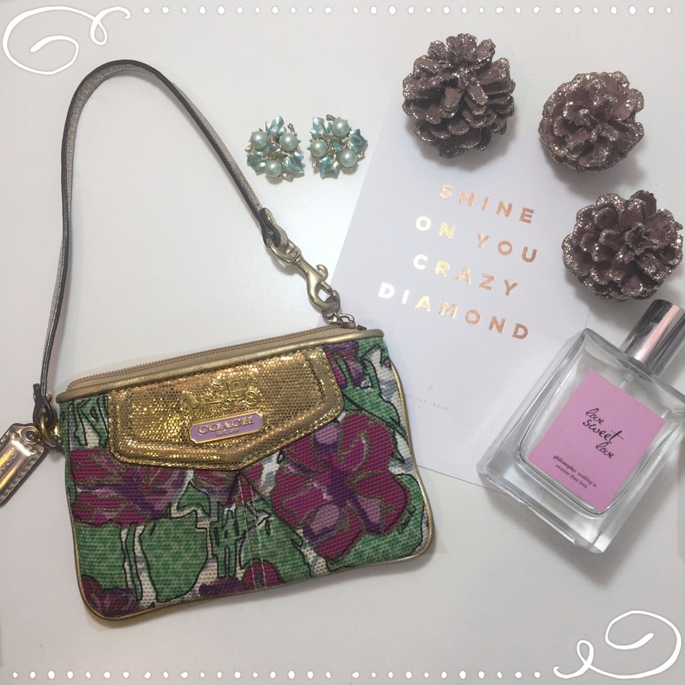 COACH Pink Green Floral Wristlet Gold Hardware