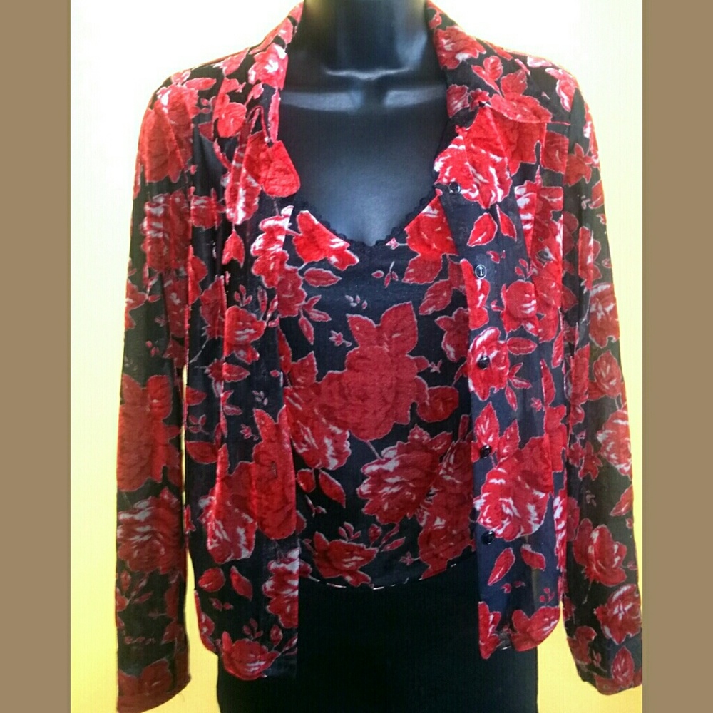 Red velour and black mesh camisole and button down