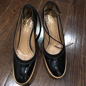 Yves Saint Laurent rubber and black patent wedges