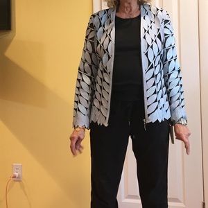 Diagonal leaf light blue leather zip front jacket