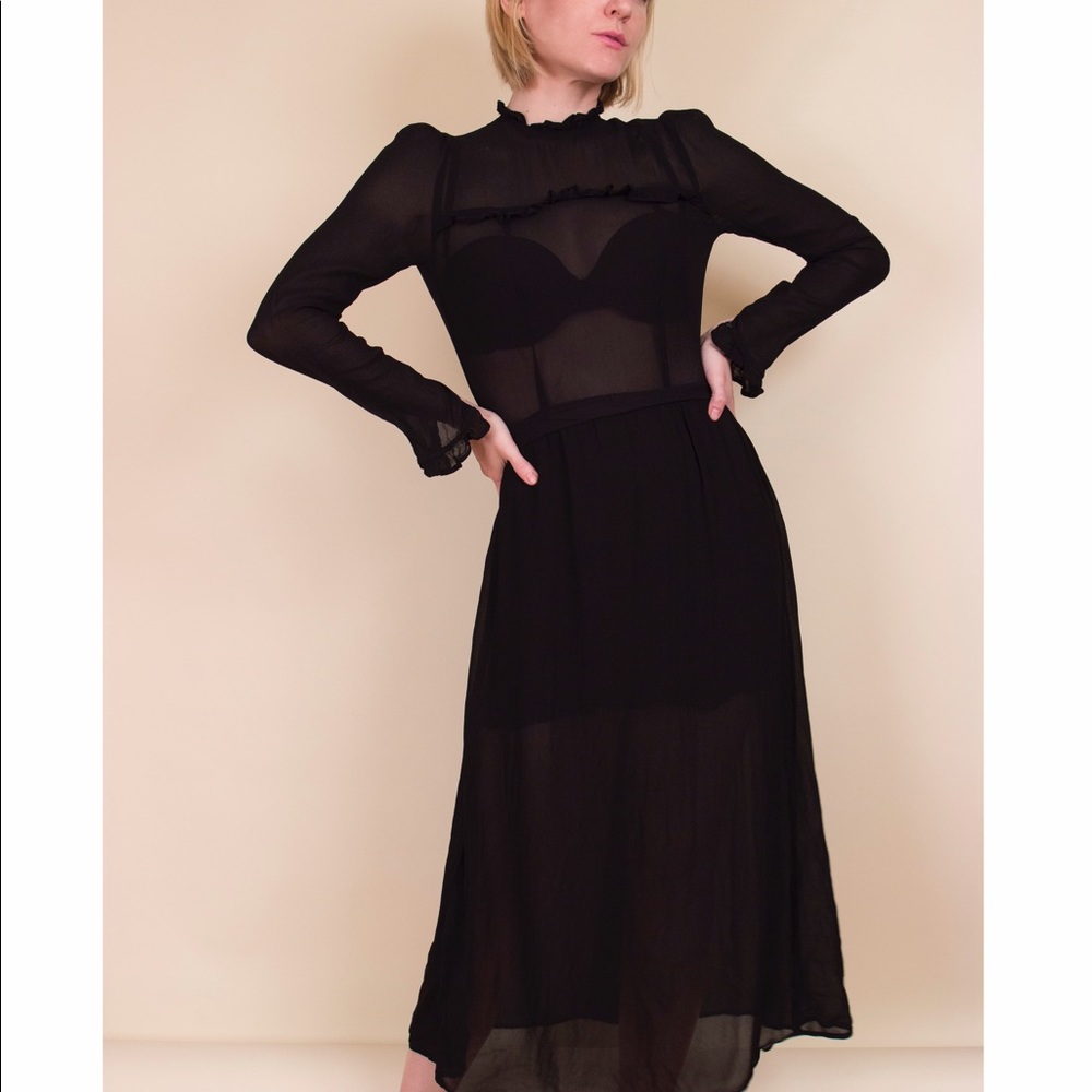 Reformation black sheer ruffled mock neck dress - Picture 2 of 4