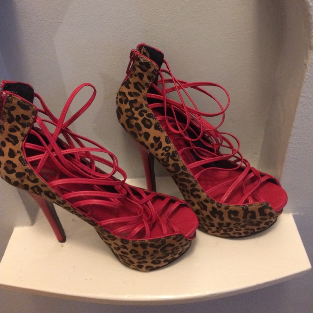 Leopard print strap high heels