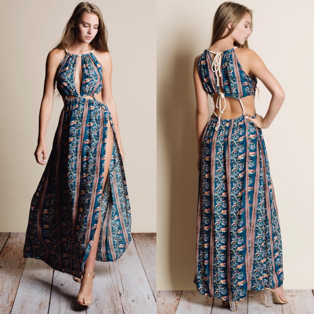 Cut Out Floral Print Maxi Dress - BLUSH - Picture 3 of 4