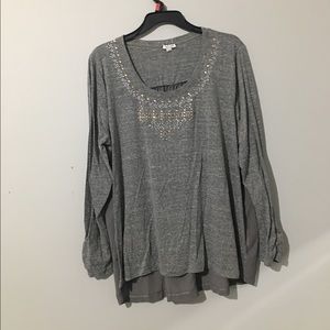 1x long sleeve tee with jeweled neckline