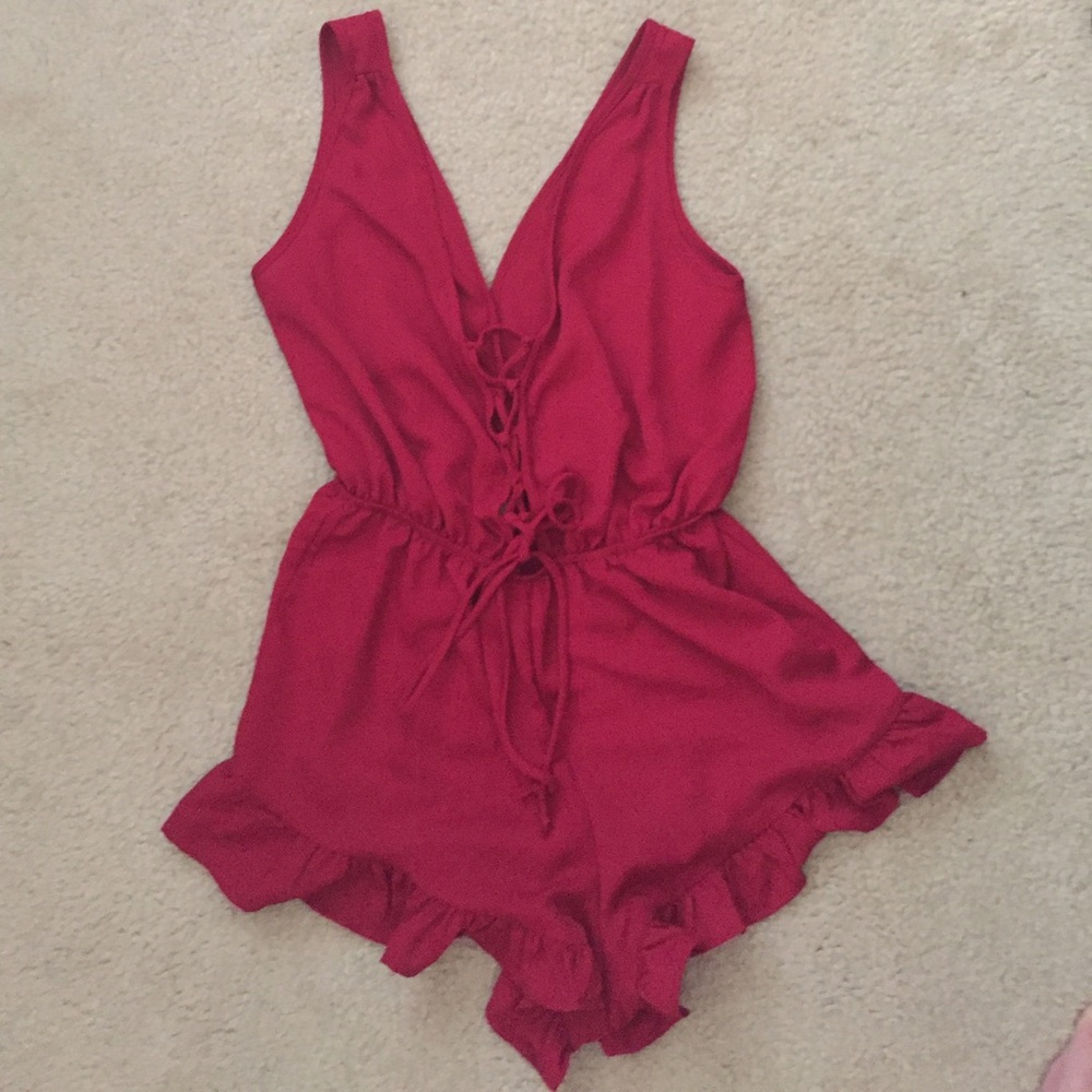 Wine colored lace up romper