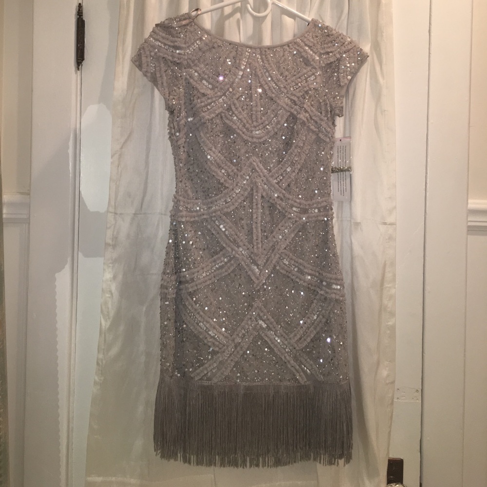 NWT Aidan Mattox Silver Fringe Hem Art Deco Dress