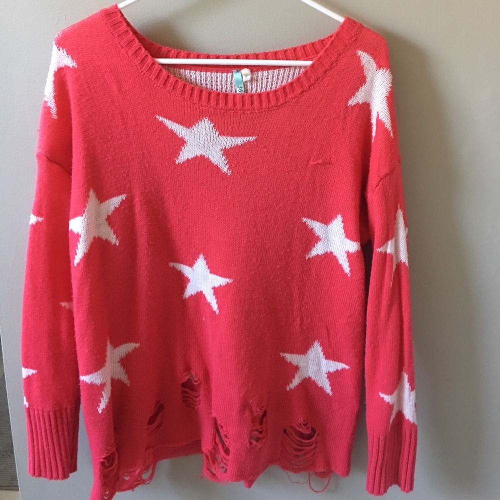 Hot pink star distressed sweater