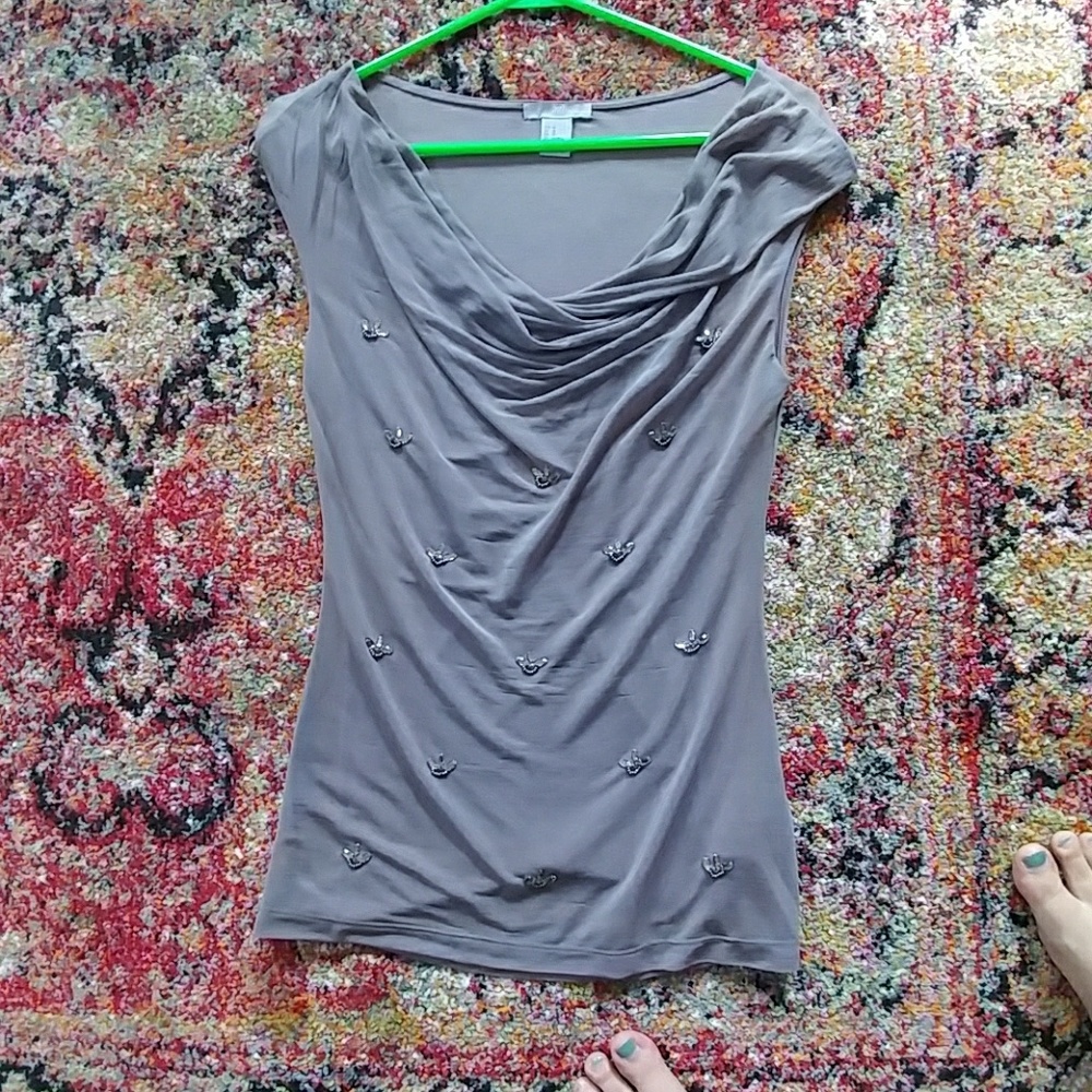 Jeweled Cowl-Neck Sleeveless Blouse