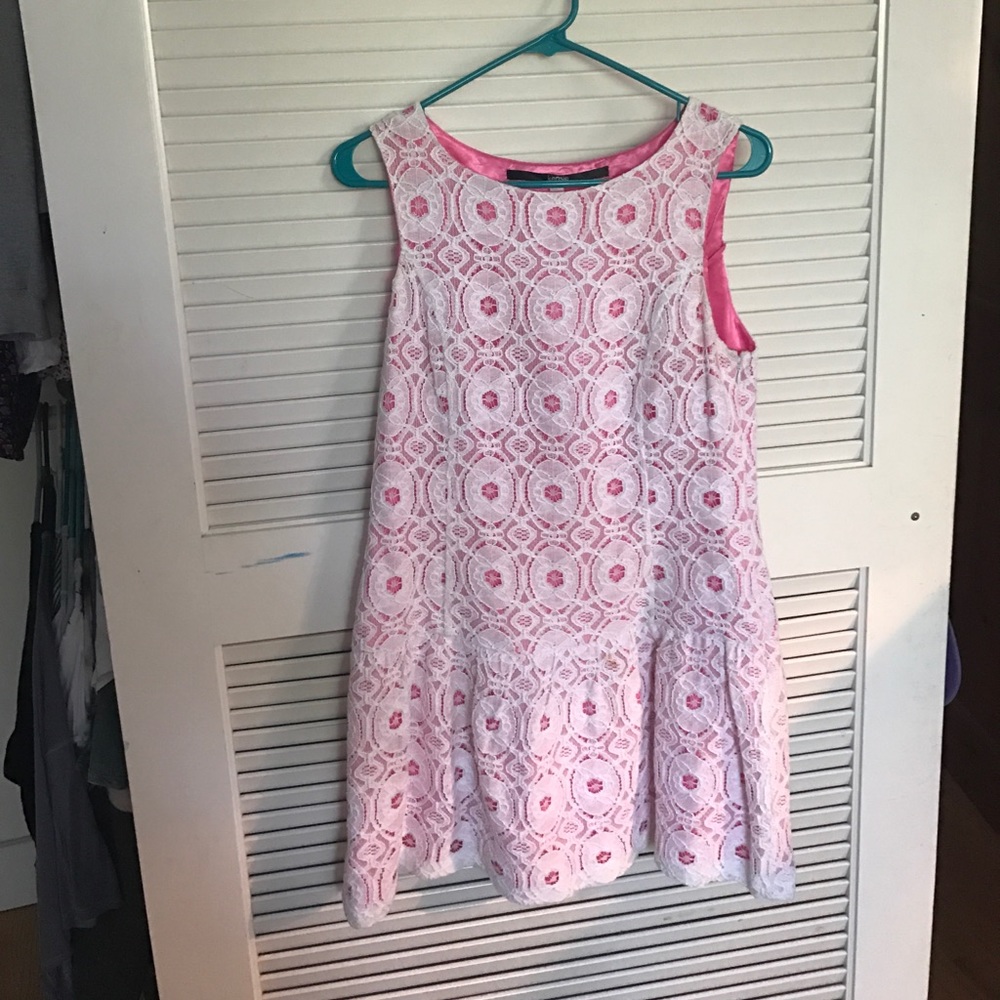 Drop waist pink dress with white lace overlay