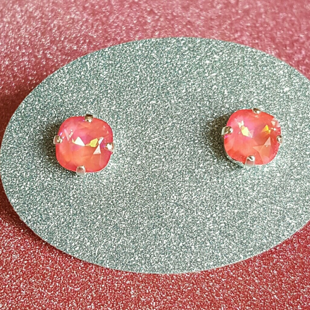 Hot Coral Neon Cushion Cut Stud Earrings