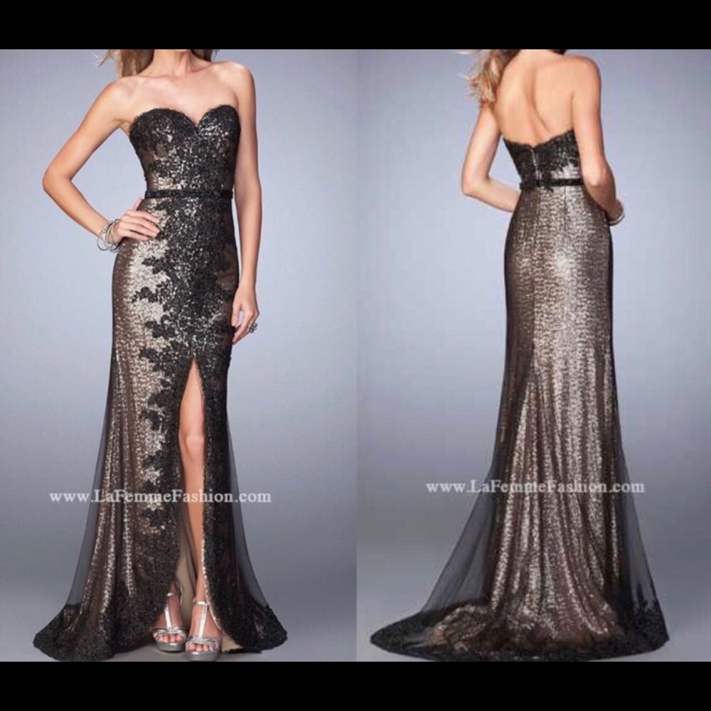 La Femme Show Stopper Black & Gold Sequence Dress
