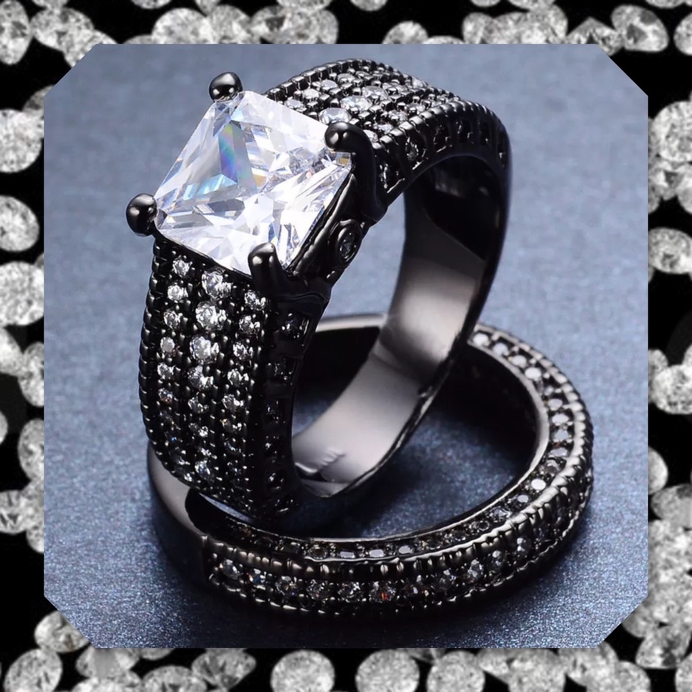 JUST IN🆕2Pc 6.8ct Black GF Wedding Ring Set