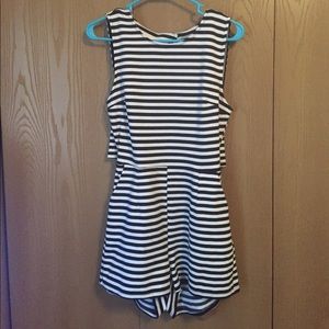 Black and white striped open back romper