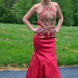 Red and gold mermaid Prom dress.