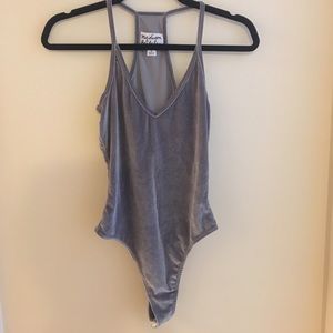 Grey velvet thong bodysuit