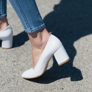 Block Heel White Pumps