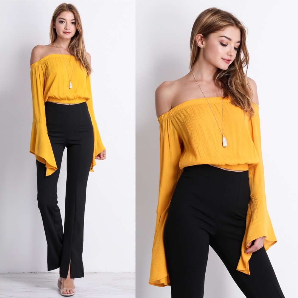 Boho Sunflower Off Shoulder Bell Sleeve Crop Top - Picture 4 of 5