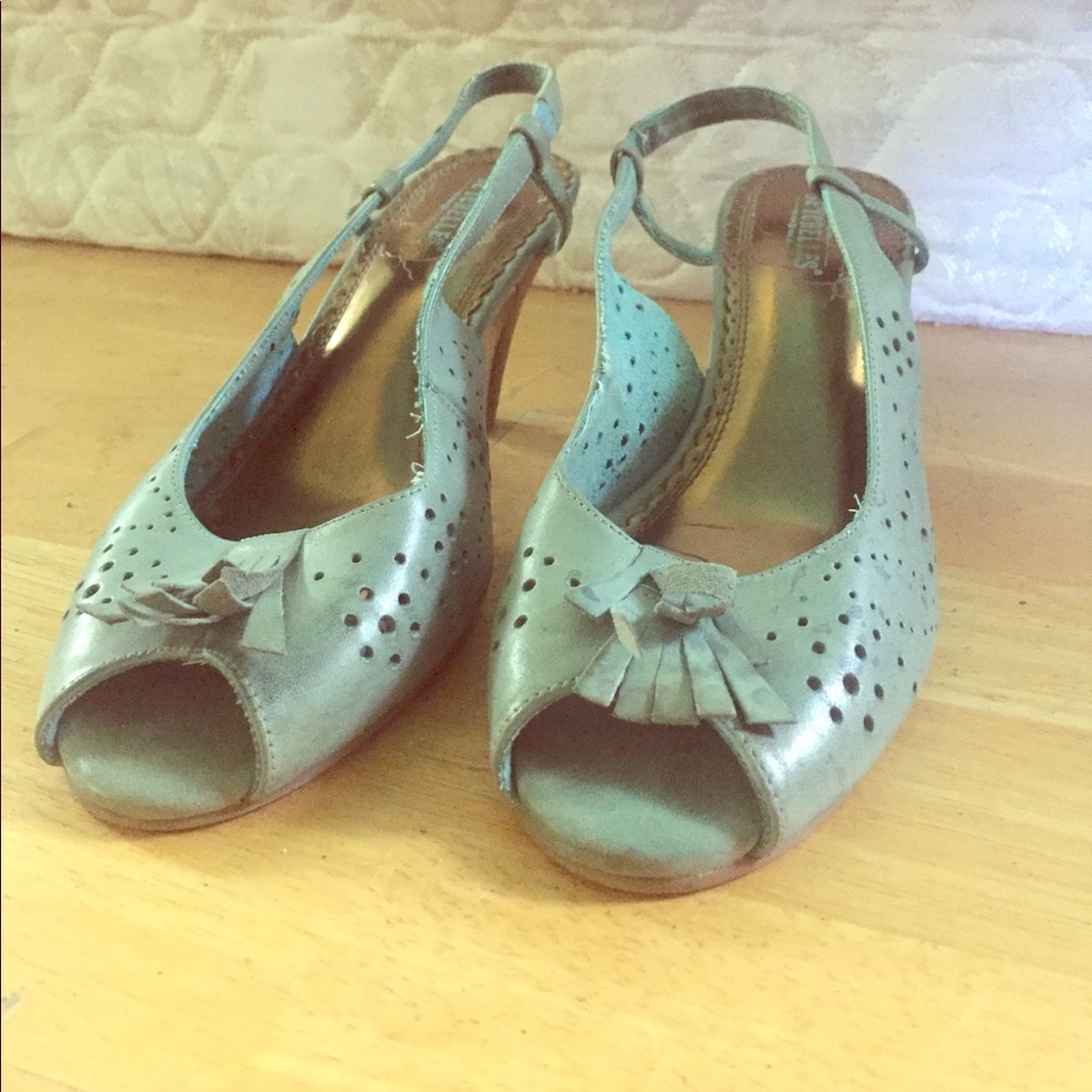 Mint open toe heels