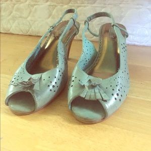 Mint open toe heels