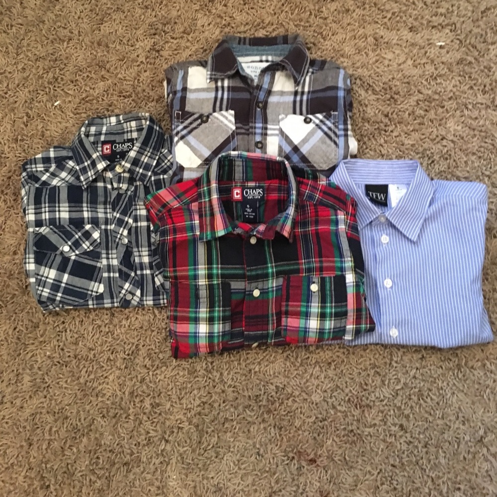 Boys long sleeve plaid and stripe shirts.