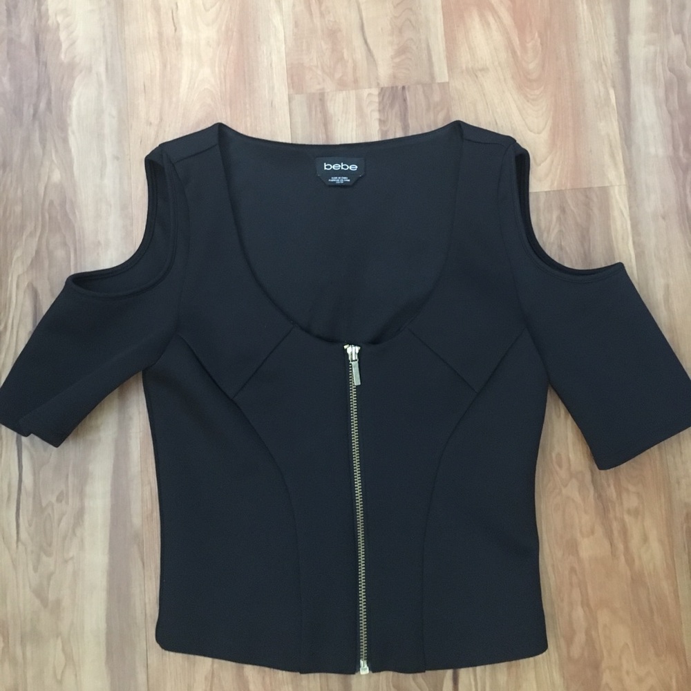 BEBE front zip bare shoulder shirt