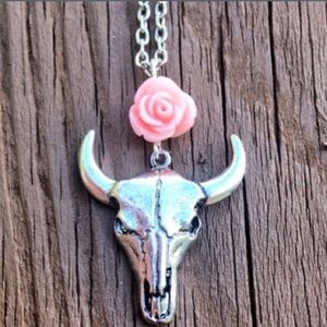 Wild West Skull with Pink Rose Necklace