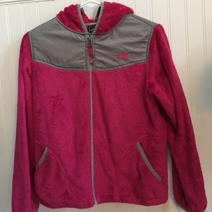Girls pink fuzzy north face jacket