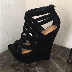 Black Caged Faux Suede Wedges - DOLLHOUSE