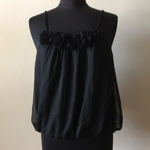 Stretchy Black Top with Floral Accents