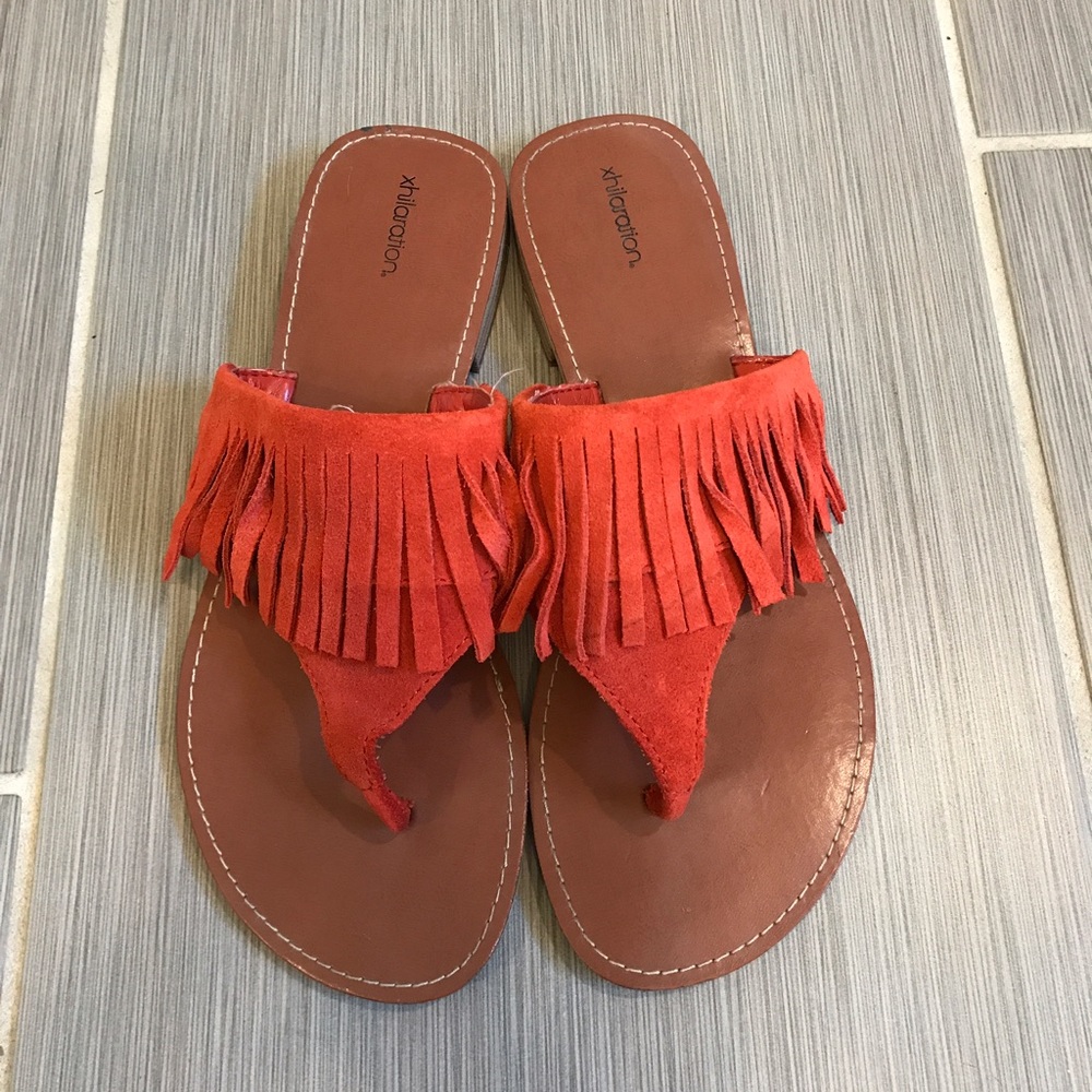 Leather Upper Rust Red Fringe Flip Flop Sandals