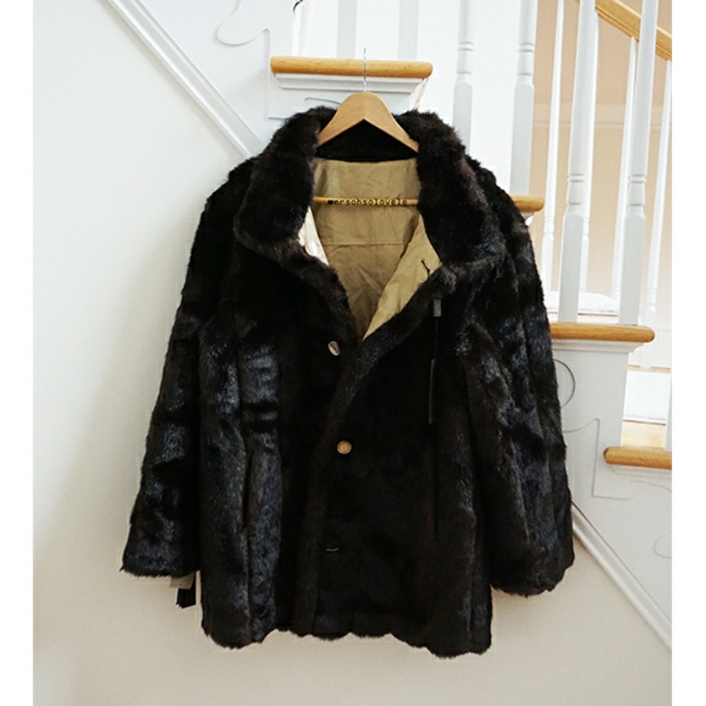 NWT VINTAGE ENSIGN Black brown Faux fur coat SizeL