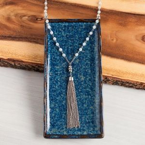 Light Blue Beaded Tassel Long Necklace