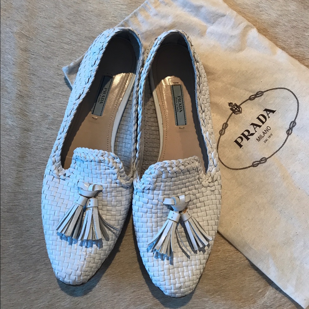 White Woven leather Prada Loafers