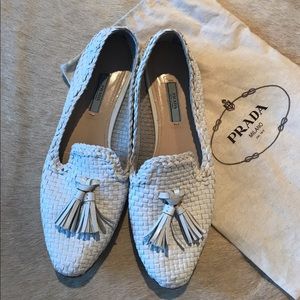 White Woven leather Prada Loafers