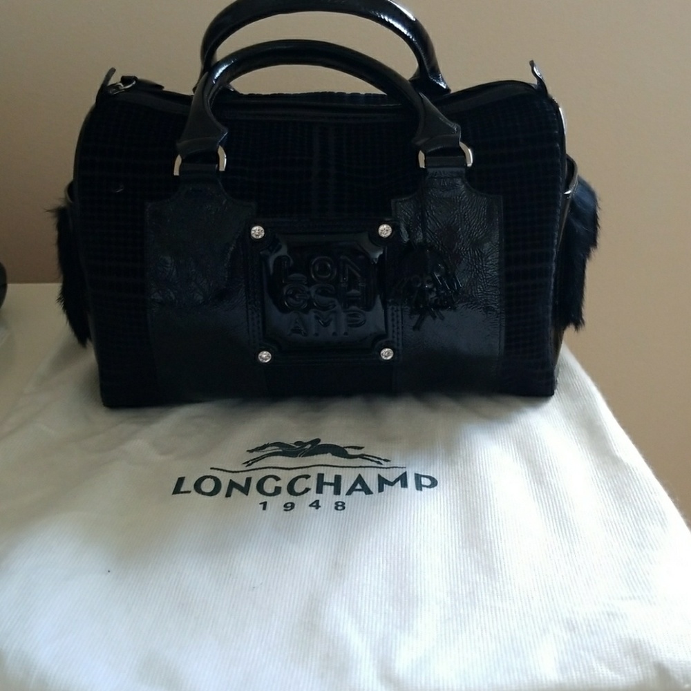 Authentic Long Champ Velvet / Fur Carry On Handbag