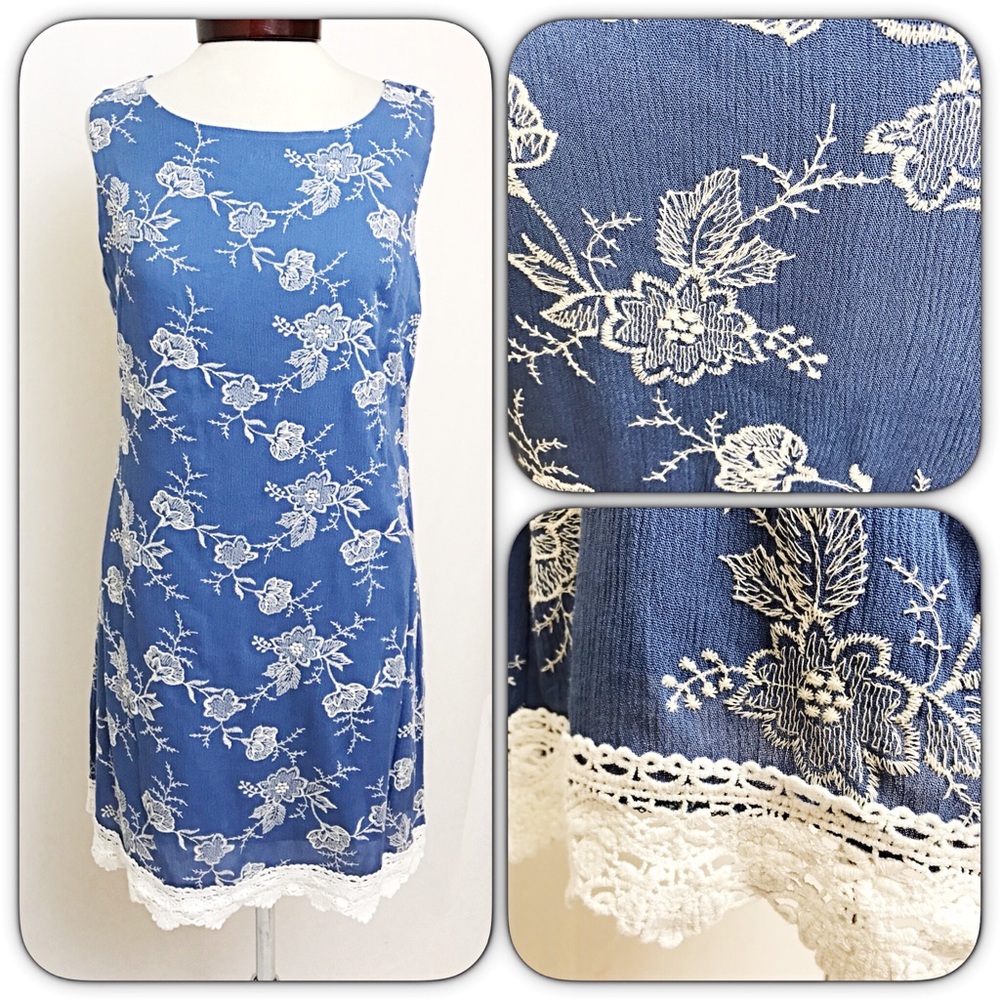 Chambray Lace Hem Floral Tunic Slip Dress M/L - Picture 5 of 5