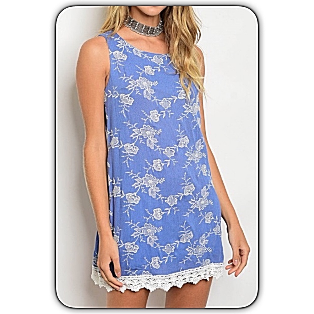 Chambray Lace Hem Floral Tunic Slip Dress M/L - Picture 4 of 5