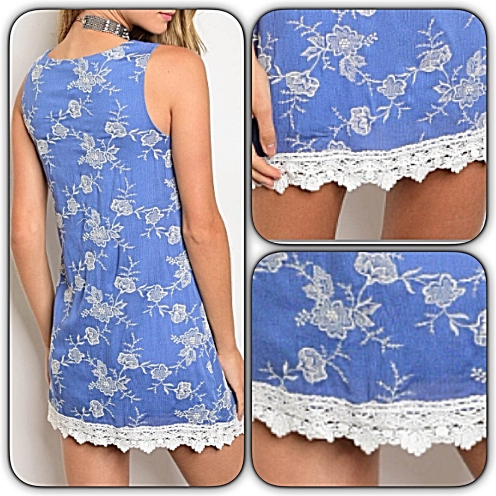 Chambray Lace Hem Floral Tunic Slip Dress M/L - Picture 3 of 5