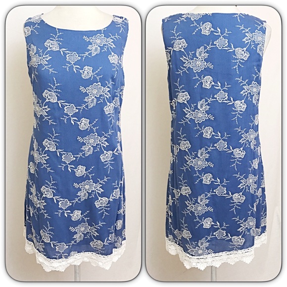 Chambray Lace Hem Floral Tunic Slip Dress M/L - Picture 2 of 5