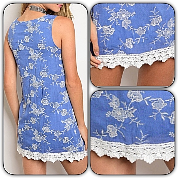 Chambray Lace Hem Floral Tunic Slip Dress M/L - Picture 3 of 5