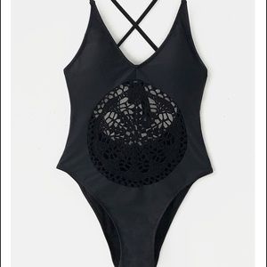 Black Tie back Crochet one piece swimsuit