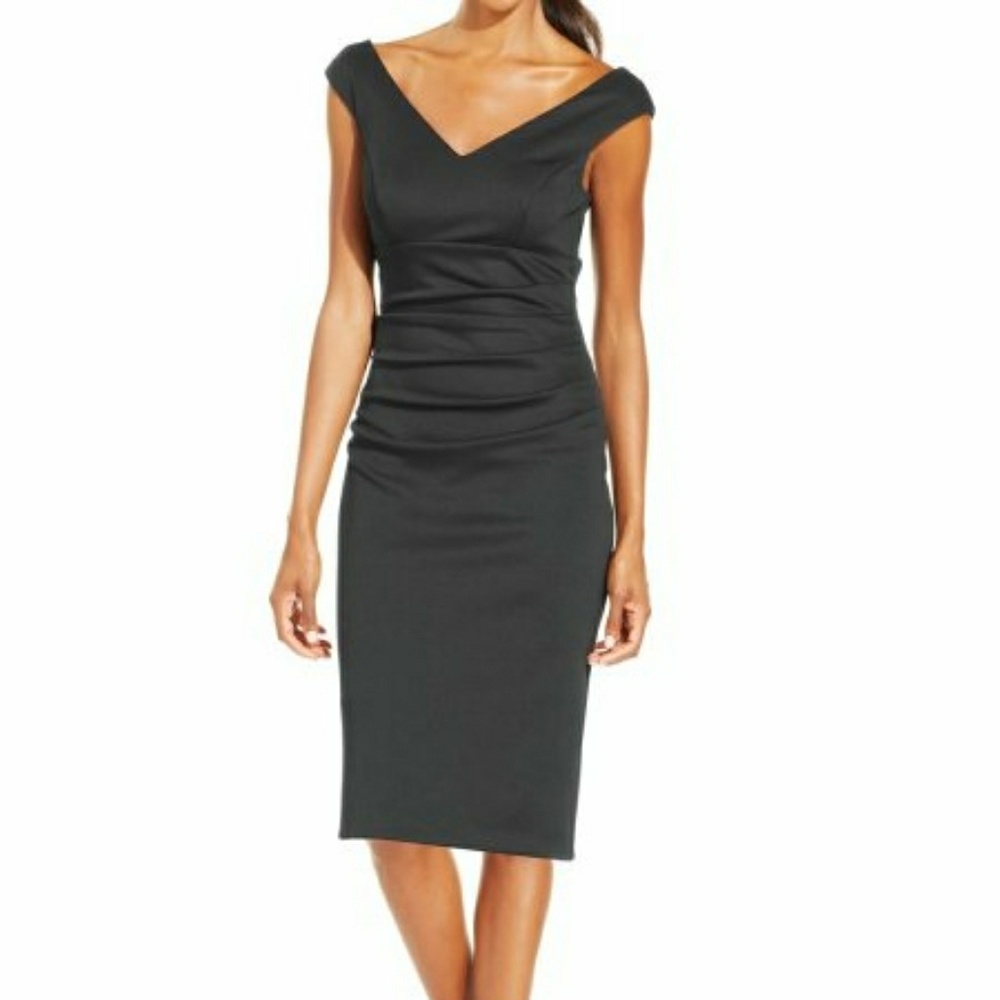 Xscape cap-sleeve, ruched, v-neck sheath dress