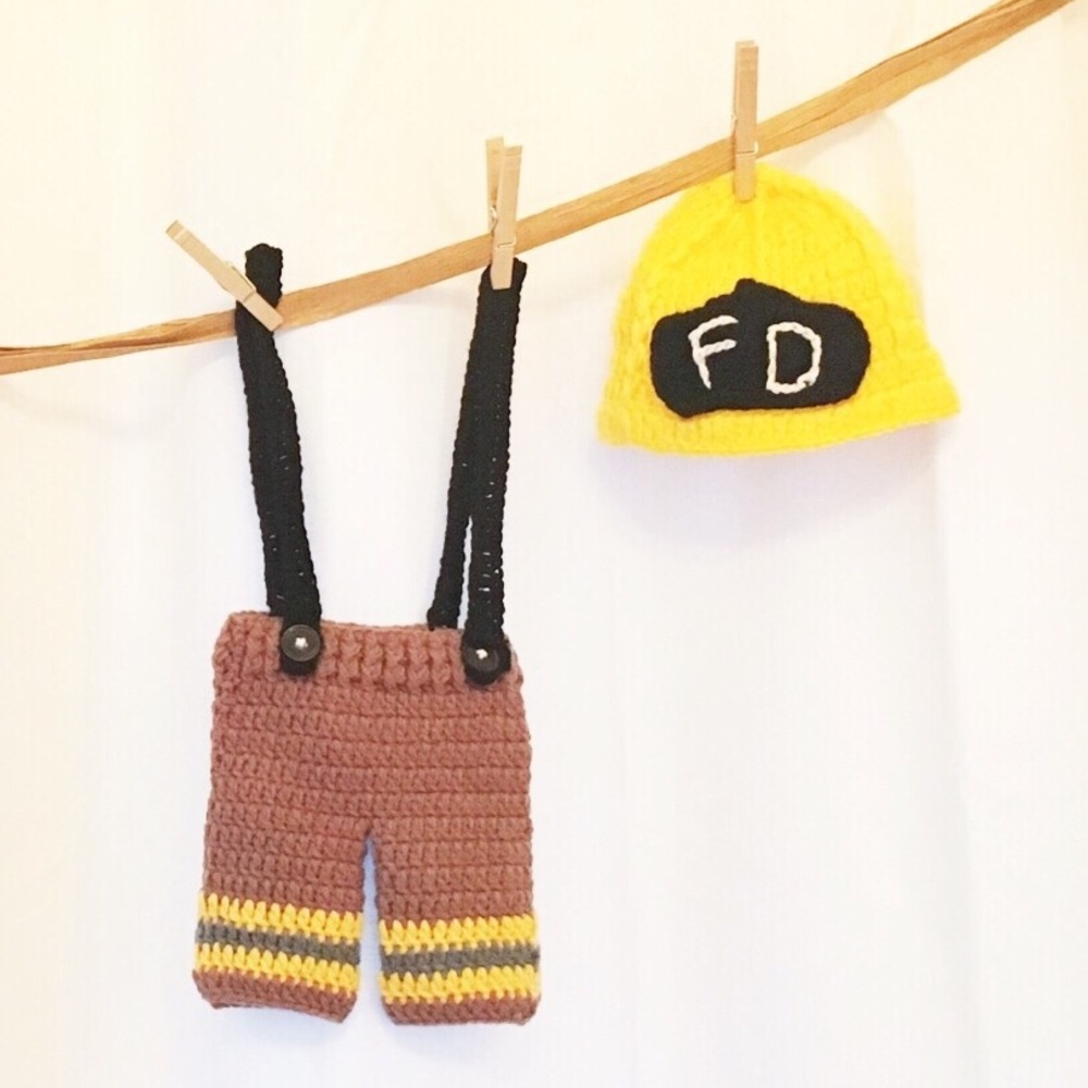Fireman knit baby photo prop shower gift BOXED NEW