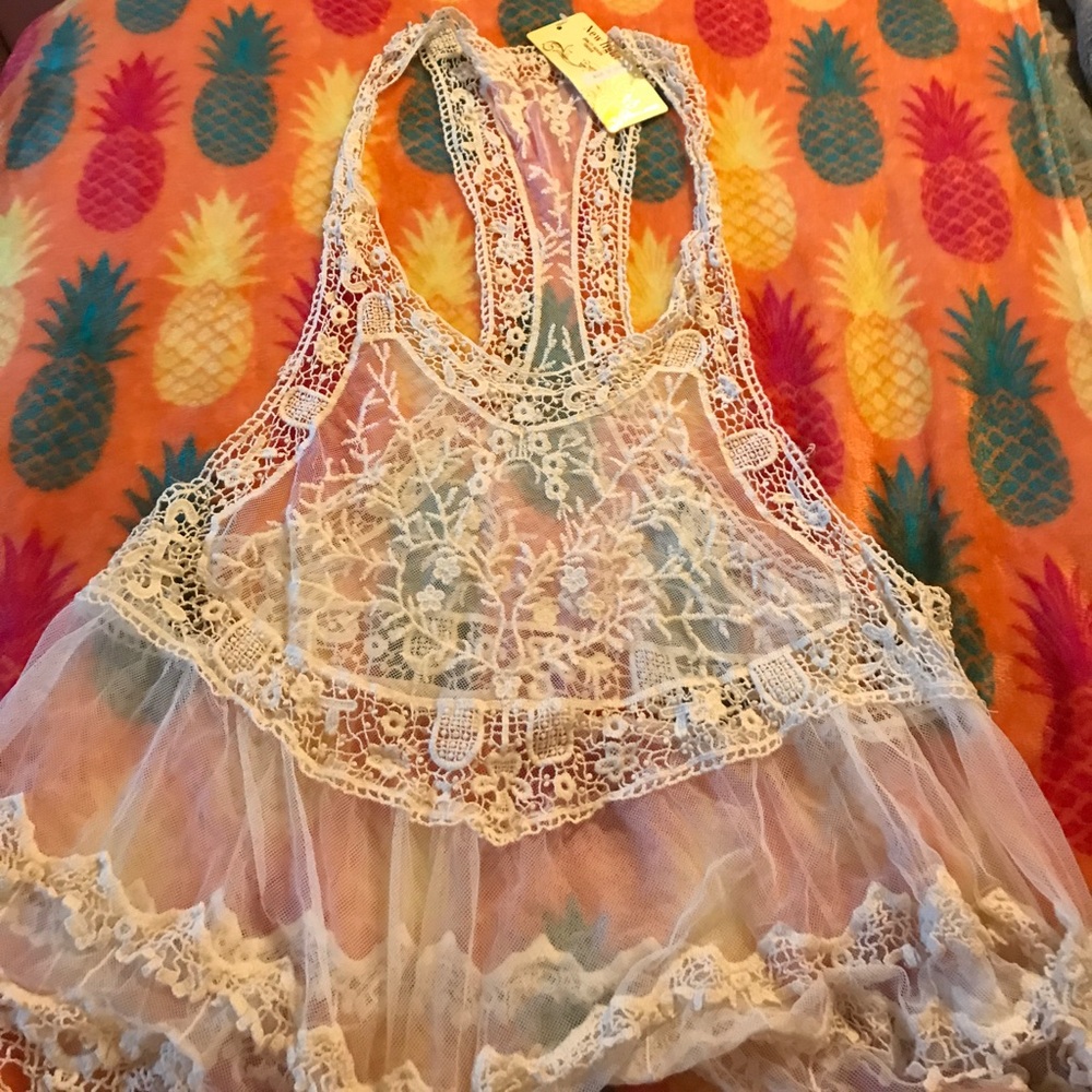 Sexy lace mesh patchwork swim cover up