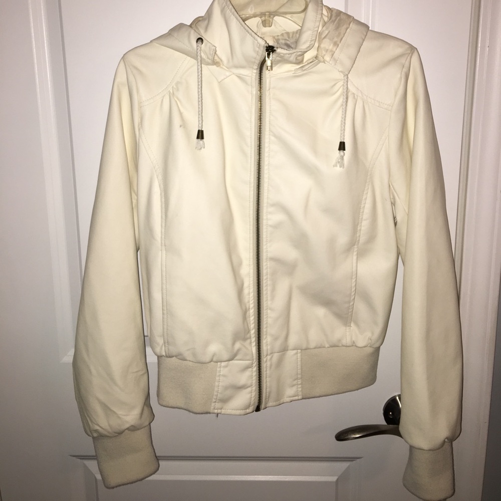 F21 Cream Faux Leather Zip Up Jacket with Hood