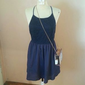 A New Summer Dark Blue Mini Dress with Lace